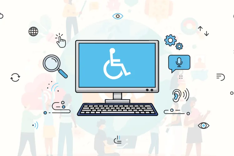 Ekranında evrensel erişilebilirlik sembolü olan bir bilgisayar, çevresinde yer alan ve konuşma, büyüteç, ayarlar ve jestler gibi çeşitli engelsiz dijital araçları temsil eden ikonlarla tasvir edilmiştir.