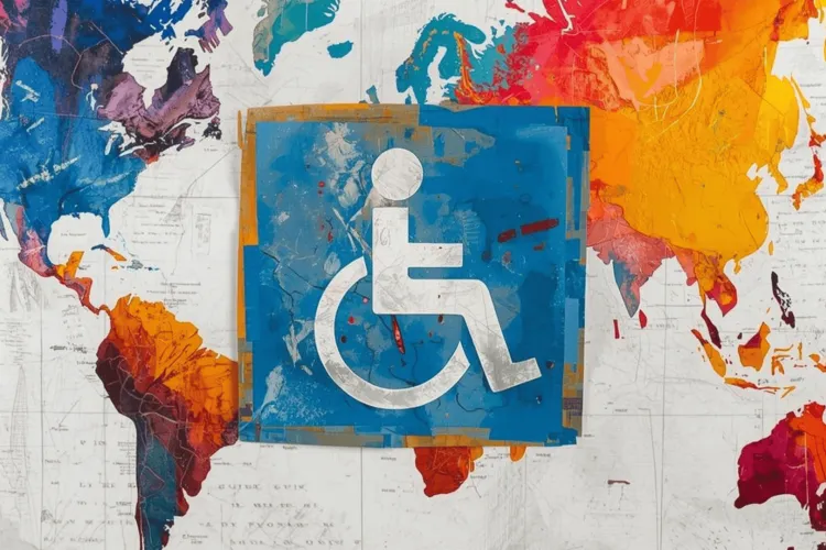 Renkli bir dünya haritası üzerine yerleştirilmiş, mavi zeminli tekerlekli sandalye erişilebilirlik sembolü görülüyor.