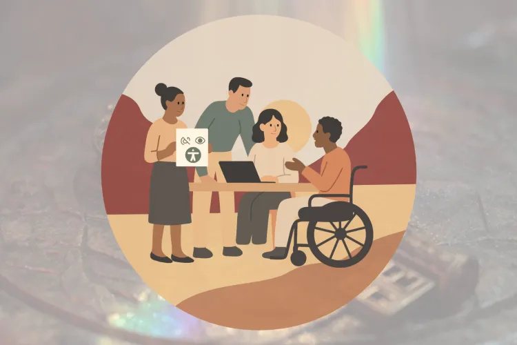 Çeşitli bir grup insan bir araya gelmiş çalışıyor: ayakta duran iki kişi ve oturan biri, dizüstü bilgisayarın etrafında toplantı yapıyor; dördüncü kişi tekerlekli sandalyede oturup belgeye bakıyor. Sıcak toprak tonlarında, kapsayıcılığı vurgulayan düz illüstrasyon tarzı bir görsel.