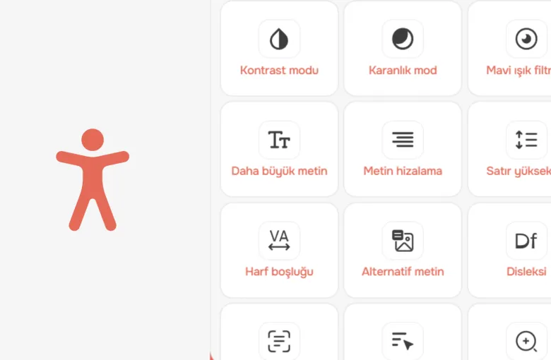 Turuncu renkli erişilebilirlik ikonu ile kontrast, karanlık mod, metin boyutu ve disleksi ayarlarını içeren Türkçe erişilebilirlik widget arayüzü.