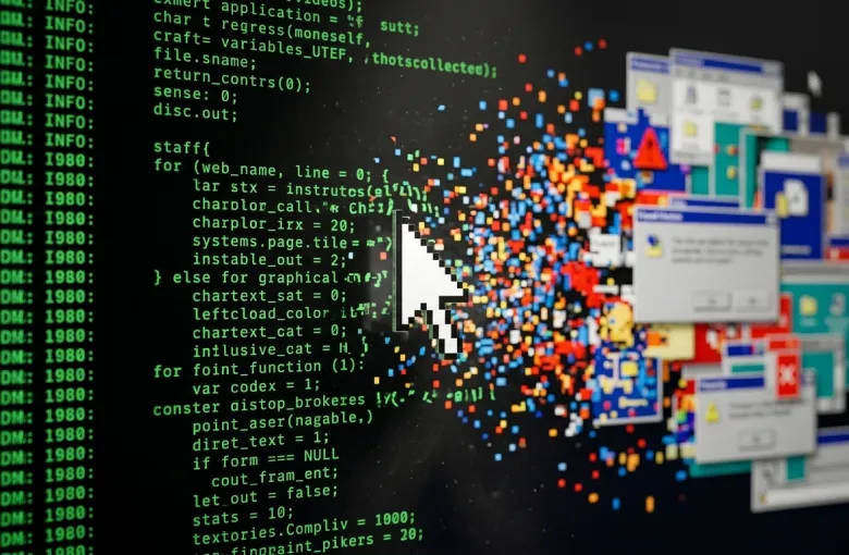 Terminal kodları bir fare imleciyle parçalanarak renkli bir kaos piksel bulutuna dönüşüyor.