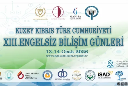 KKTC XIII. Engelsiz Bilişim Günleri afişi. Etkinlik 13–14 Ocak 2026 tarihlerinde Lefkoşa’da, KKTC Cumhurbaşkanlığı Yerleşkesi’nde yapılacaktır. Afişte kamu kurumları, üniversiteler ve sivil toplum kuruluşlarının logoları yer almaktadır. Arka plan teknoloji temalı görsellerden oluşmaktadır.