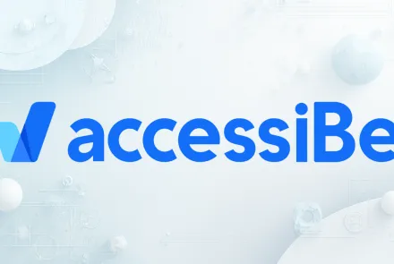 Açık gri, teknoloji temalı soyut bir arka plan üzerinde mavi tonlarda “accessiBe” logosu yer alıyor.