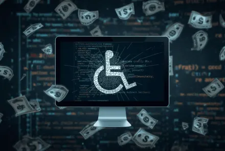 Bilgisayar ekranında beyaz bir engelli sembolü, ekranın arkasında akan yazılım kodları ve havada uçuşan banknotların bulunduğu dijital bir görsel.