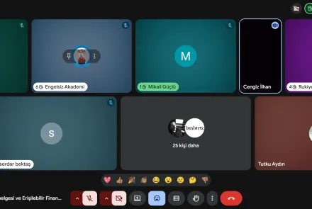 Çevrim içi toplantı ekran görüntüsü. Bir video konferans uygulamasında çoklu katılımcı görünümü yer alıyor.