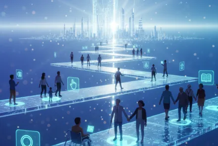 Yüksek teknolojili, parlak mavi bir ortamda, fütüristik bir şehir silüetine doğru uzanan zikzaklı, dijital devre yolları üzerinde çeşitli insan grupları (tekerlekli sandalyeli ve bastonlu bireyler dahil) yürüyor. Yolun üzerinde beliren arama, kitap ve erişilebilirlik sembolleri, kapsayıcılık, erişilebilirlik ve bilgiye dayalı dijital bir geleceğe (Akıllı Şehir) doğru ortak ilerlemeyi vurguluyor.