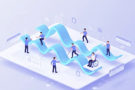 Dijital erişilebilirlik kavramını temsil eden, farklı engel gruplarından kullanıcıların teknolojiyle etkileşimini gösteren 3D illüstrasyon.
