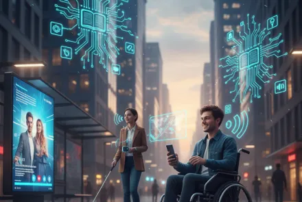 Dijital teknolojilerin (neon mavi simgeler ve arayüzler) entegre olduğu modern bir şehir caddesi sahnesinde, tekerlekli sandalyeli bir adam ve beyaz bastonlu bir kadının bulunduğu ve erişilebilirlik ile dijital bağlantı temasını vurgulayan görsel