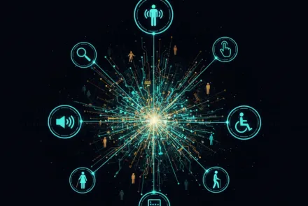 Merkezinde parlak bir ağın bulunduğu dijital bir görselde, turkuaz ve altın rengi sinir yolları etrafa yayılıyor. Bu merkezi yapı, etrafında halka şeklinde dizilmiş sekiz turkuaz simge ile bağlantılıdır. Bu simgeler, tekerlekli sandalye ve baston gibi erişilebilirlik sembollerini, dokunmatik etkileşimi, ses ve arama işlevlerini temsil ederek, kapsayıcı ve erişilebilir dijital teknolojilerin farklı kullanıcı türlerini merkezi bir sisteme bağladığını vurguluyor.
