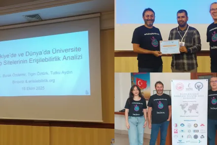 3lü fotoğraf kolajı var. En solda üzerinde Türkiye'de ve Dünyada Üniversite Web Sitelerinin Erişilebilirlik Analizi yazan bir sunum var. Sağ tarafta ikiye ayrılmış ekranda üst solda görünen görselde sertifka tutan üç adam ve aşağıdaki görselde kongre tanıtım panosunun yanında duran 2 erkek 1 kadın görseli var.