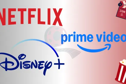 Netflix, Prime Video ve Disney+ logoları olan bir görsel, sağ üst köşede scene2, take1 yazan , sol alt köşede mısır illüstürasyonu.