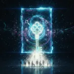 Karanlık, parıldayan dijital bir alanda, üzerinde çeşitli erişilebilirlik sembollerinin bulunduğu devasa, neon ışıklı bir anahtar ve etrafında bir kapı veya portal yer alıyor. Anahtarın altından yükselen parlak bir ışık yolu üzerinde, farklı boyutlarda ve tekerlekli sandalyeli bireylerin de bulunduğu bir grup insan figürü öne doğru bakıyor.