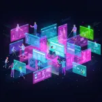  Bir grup insanın karanlık, fütüristik bir ortamda, parlak neon pembe ve camgöbeği renkli sanal ekranlar veya paneller etrafında etkileşimde bulunduğunu gösteren izometrik bir illüstrasyon. İnsanlar arasında tekerlekli sandalyede oturan bir kişi ve bir bastonla gezinen bir kişi de dahil olmak üzere farklı yeteneklere sahip kişiler bulunmaktadır, bu da dijital erişilebilirliği ve kapsayıcılığı simgeler. Ekranlar bilgi, grafik ve etkileşimli içerikler içeriyor gibi görünmektedir.