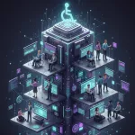  Koyu, fütüristik bir arka planda, merkezinde neon mavi ve mor ışıklarla aydınlatılmış, katmanlı, kule benzeri bir yapıya sahip, izometrik, dijital illüstrasyon. Kulenin tepesinde uluslararası erişilebilirlik sembolü (tekerlekli sandalyedeki kişi) yer almaktadır. Kulenin her bir katında, etraflarında parlak ekranlar ve arayüzlerle bilgisayarlarda çalışan veya etkileşimde bulunan insanlar bulunmaktadır. Bazı kişiler tekerlekli sandalyededir, bu da dijital kapsayıcılığı ve teknolojiye erişimi simgeler.