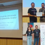 3lü kolaj görseli, ilk görsel Türkiye ve Dünya’da Üniversite Web Sitelerinin Erişilebilirlik Analizi’ sunumu, sağ üstteki görsel başarı belgeleriyle 3 erkek, sol alttaki görsel ise kongre tanıtım posterinin bir yanında bir kadın ve erkek diğer yanında bir erkek poz veriyor.
