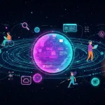 Dijital bir evreni temsil eden, mor ve mavi neon ışıklarla parlayan bir gezegen ve yörüngesel halkaların etrafında, çeşitli kullanıcılar (tekerlekli sandalyede oturan, ayakta duran) laptoplarla çalışırken gösteriliyor. Etrafta arama, bulut hizmetleri, erişilebilirlik (tekerlekli sandalye) ve veri akışını temsil eden fütüristik kullanıcı arayüzü (UI) ikonları yer alıyor.