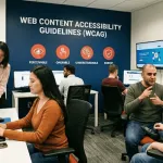 Bir ofis ortamında farklı ekip üyeleri bilgisayar başında web erişilebilirliği üzerine çalışıyor. Arka duvarda ‘Web Content Accessibility Guidelines (WCAG)’ yazısı ve ‘Perceivable, Operable, Understandable, Robust’ başlıkları yer alıyor. Bir kişi işaret diliyle iletişim kurarken, diğerleri ekranlarında web arayüzlerini inceliyor ve test ediyor.