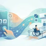 Erişilebilirlik ve teknolojiyi simgeleyen illüstrasyon: Bir yanda akıllı telefon kullanan bir el, diğer yanda rampa üzerinde tekerlekli sandalyeli bir birey; aralarında ise görme, işitme ve fiziksel engel sembollerini içeren akışkan bir veri yolu.