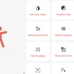 Turuncu renkli erişilebilirlik ikonu ile kontrast, karanlık mod, metin boyutu ve disleksi ayarlarını içeren Türkçe erişilebilirlik widget arayüzü.