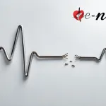 İnce metal telden bükülmüş kalp ritmi çizgisi ama bir noktada tel kırık ve sağ üsstte enabız logosu