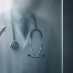 Bir doktor ve stetoskopu, buzlu cam bir levhanın arkasında erişilemiyor. MHRS Logosu sağ üstte