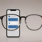 Gözlük camının arkasında net telefon ekranı; cam merkeze doğru bulanıklaşıyor.