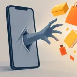Telefon ekranından dışarı uzanan el, erişilemeyen alışveriş ürünlerine ulaşmaya çalışıyor