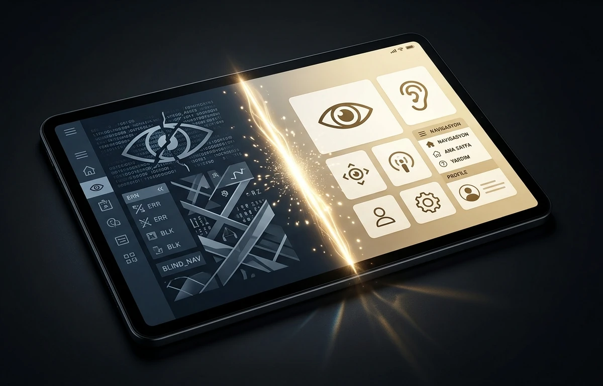 Bir tablet ekranında dijital erişilebilirliğe dönüşümü gösteren iki farklı arayüz tasarımı.