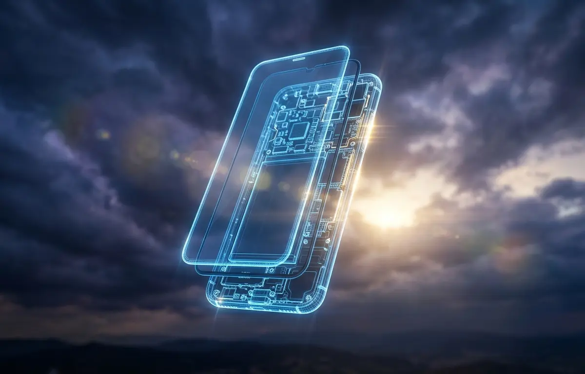 Bulutlu ve güneşli bir gökyüzünde süzülen, iç bileşenleri ve katmanları parlayan mavi çizgilerle gösterilen yarı şeffaf bir akıllı telefon tel çerçeve (wireframe) modeli.