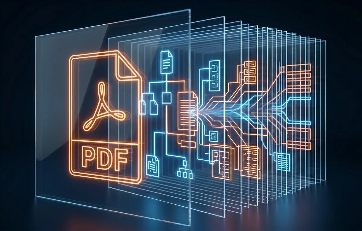 Koyu bir arka plan üzerinde üst üste dizilmiş şeffaf cam levhalardan oluşan soyut bir kompozisyon. Levhaların içinden geçen neon mavi ve turuncu çizgiler, dikey bir hiyerarşiyi ve dijital doküman yapısını temsil eden karmaşık ama düzenli şematik bağlantılar oluşturuyor.