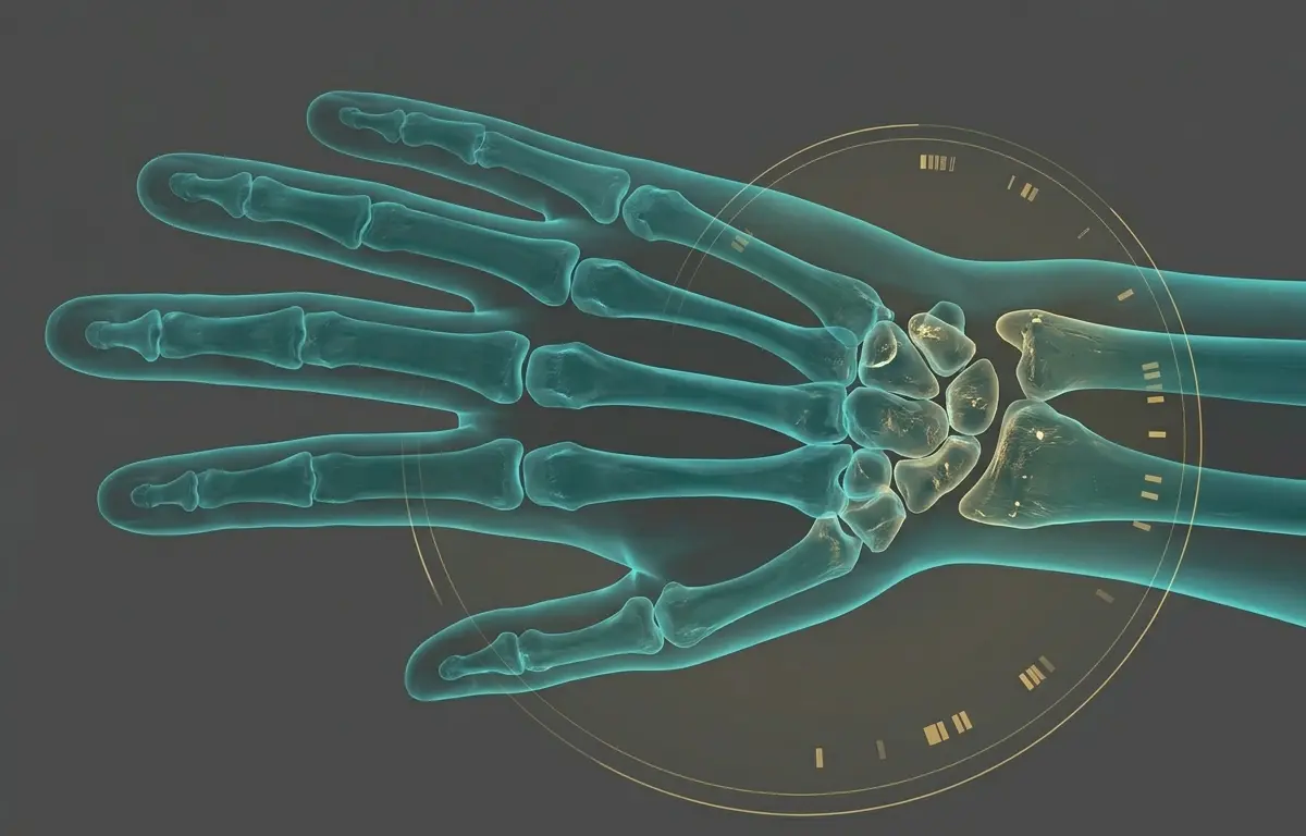 Koyu gri arka planda, bir insan elinin röntgen görüntüsü (X-ray) üzerinde parlayan altın rengi bir pusula ve kadran arayüzü grafiği.